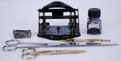 Íróasztali tétel: lyukasztó, AW Faber hegyező, körző stb. / 
Writing desk lot