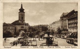 Budapest VIII. Kálvin tér, református templom, villamosok (ázott / wet damage)