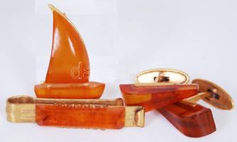 Borostyán és réz férfi szett: mandzsettagomb, nyakkendőtű, kitűző /  Male amber and brass set