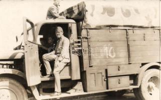 WWII Hungarian soldier, László Kardhordó with military truck, photo