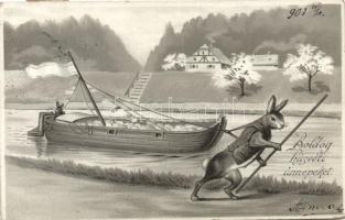 Easter rabbits with ship full of eggs, litho (EB)