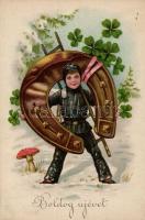 New Year, chimney sweeper with horseshoe, mushroom, clover, litho