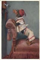 Dog in dress with telephone, s: Mechle Grosmann