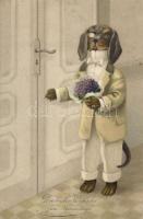 Dog in dress with bouquet, nameday, litho