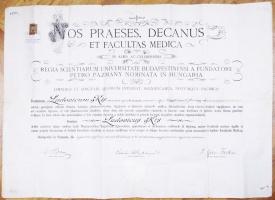 1926 Gyógyszerész diploma, hátoldalán gyógyszertárnyitási engedéllyel 75x54 cm