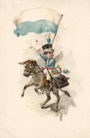 Bavarian boy postman with donkey, litho