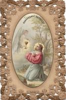 Christmas, Jesus with angel, litho, embroidery style postcard