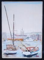 Ismeretlen jelzéssel: Kikötő, hajókkal. Akvarell, papír, szép, üvegezett keretben, 36x30cm