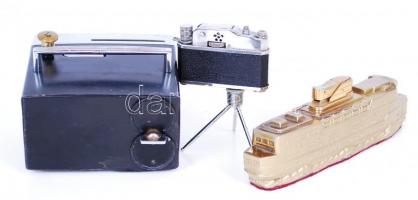 3db különleges retró asztali öngyújtó: hajó-, állványos fényképezőgép-, TV-formájú / 
Retro table li...