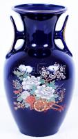 Virágokkal díszített kobaltkék váza /  Cobalt blue vase with floral decoration, 26cm