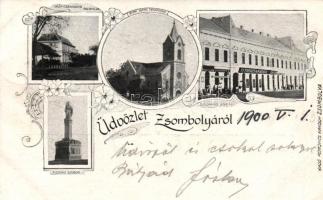 Zsombolya the shop of Nándor Petrovics, Csekonics palace, Florián statue, catholic church