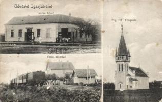 Igazfalva the shop of Adolf Kohn, railway station, Calvinist church (fl)