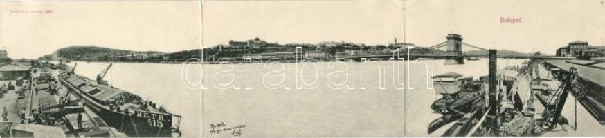 1899 Budapest panorámalap, kikötői rakodás (lyuk / pinhole)