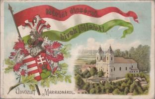 Máriaradna church, flag and coat of arms, litho (fa)