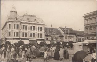 Arad Liberty square, market, the shops of Károly Csutak and his son, Miksa Braun, J. Heim and Béla Brunner (fl)