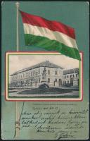 Eperjes Erzsébet statue, artillery barracks, flag, litho