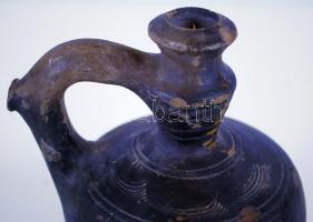 Fekete népi kerámia vizeskorsó / 
Vintage folkloristic ceramic water jug, 17cm