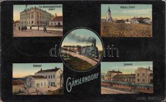 Gänserndorf railway station, locomotive, church and school, district commission