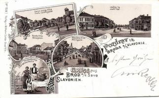 1899 Bród Jelacic square, Franz Joseph street, Ban street, Mesic street, folklore, litho