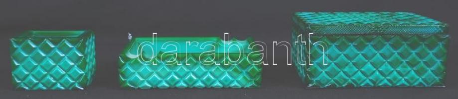 Bohemia malachit üveg tétel: doboz 12×9×5 cm, hamuzó tálka  12×9×3 cm, ékszeres dobozka tető nélkül ...