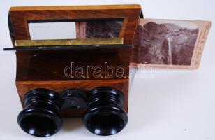 cca 1900 Nagyméretű, fa sztereokép-nézegető állítható lencsével, valamint egy képpel /  Vintage wooden stereoscopic viewer, adjustable lenses, and one picture, 18x16x11cm