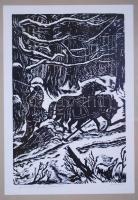 Kósa Bálint (1932-): Rönkvontatás. Fametszet, papír, jelzett, üvegezett keretben 59×45 cm