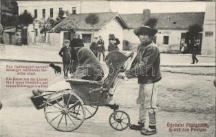 Pöstyén; egy Liptó megyei paraszt feleségét tolókocsin fürdőbe viszi / carriage, peasant folklore (cut)