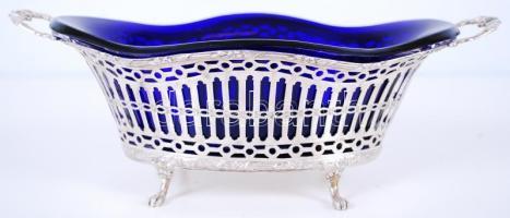 cca 1900 800-as tisztaságú, jelzett, áttört ezüst (Ag) kínáló kosárka eredeti, kék üvegbetéttel /  Pierced silver basket with original blue glass container, 800/1000 fineness hallmark, 26,5x14x8,5cm, 259gr