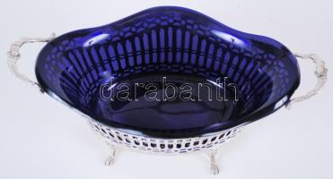 cca 1900 800-as tisztaságú, jelzett, áttört ezüst (Ag) kínáló kosárka eredeti, kék üvegbetéttel / 
P...