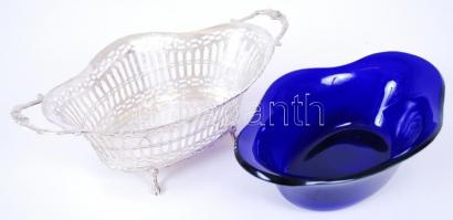 cca 1900 800-as tisztaságú, jelzett, áttört ezüst (Ag) kínáló kosárka eredeti, kék üvegbetéttel / 
P...