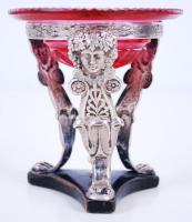 cca 1900 Bacchus-fejes, grifflábakon álló, poncolt ezüst (Ag) fűszertartó eredeti, színes üvegbetéttel, fa talapzaton /  Silver salt decorated with Bacchus heads and gryphon legs on wood stand, with original coloured glass container, d: 8cm, h: 8cm, br: 40gr