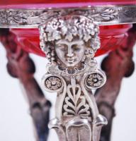 cca 1900 Bacchus-fejes, grifflábakon álló, poncolt ezüst (Ag) fűszertartó eredeti, színes üvegbetétt...