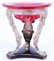 cca 1900 Bacchus-fejes, grifflábakon álló, poncolt ezüst (Ag) fűszertartó eredeti, színes üvegbetétt...