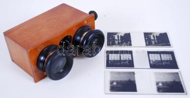 cca 1900 Állítható optikájú, fa sztereokép-nézegető üvegnegatívokhoz, 3db képpel /  Wooden stereoscopic viewer with adjustable lenses, for glass negatives, with 3 pictures, 12x10x5,5cm