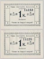 Budapest 1919-1925. 1K (2x) "Vasas tisztviselők beszerzési csoportja" szükségpénz hátlapon...