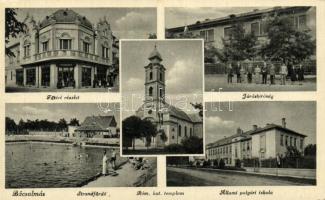 Bácsalmás Fő tér, járásbíróság, strand, polgári iskola, templom