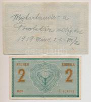 1914. 2K román felülbélyegzéssel + 1918. 25K "Szegedi Kézműves Bank" pecsételéssel, hátlap...