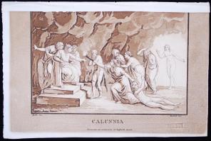 Girolamo Carattoni: Calunnia. Acélmetszet az 1823-ban Milánóban kiadott Dizionario d&#039;ogni mitologica e antichita vol. I. illusztrációi közül, 15x23 cm