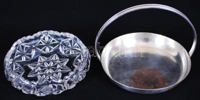 Ezüstözött kínáló kosár, hibátlan üvegbetéttel, jelzett, d:15 cm, m:12 cm