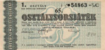 1950. "65. Osztálysorsjegy" 1., 2., 3. és 4. osztály (4x) T:II,II-