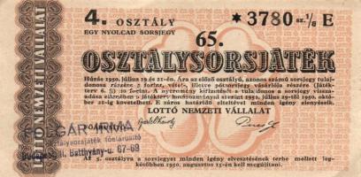 1950. "65. Osztálysorsjegy" 1., 2., 3. és 4. osztály (4x) T:II,II-