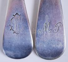 cca 1900 Ezüstözött alpakka evőeszközök: 14db villa, 4db kés, klf jelzéssel / 
Silver plated alpacca...