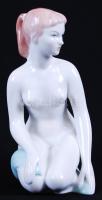 Fürdőző lány, kézzel festett, jelzett Aquincum porcelán akt, hibátlan /  Girl having a bath, hand painted porcelain nude, 22cm