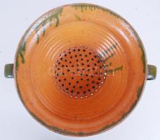 Népművészeti, mázas kerámia szűrőedény / 
Folkloristic ceramic colander, d: 29cm