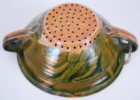 Népművészeti, mázas kerámia szűrőedény / 
Folkloristic ceramic colander, d: 29cm