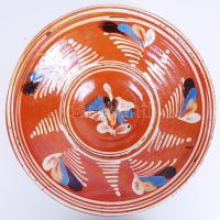 Népművészeti, festett, mázas, kerámia dísztál /  Folkloristic painted glazed ceramic bowl, d: 30cm