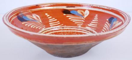 Népművészeti, festett, mázas, kerámia dísztál / 
Folkloristic painted glazed ceramic bowl, d: 30cm