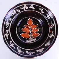 Népművészeti, festett, mázas, kerámia tál /  Folkloristic painted glazed ceramic bowl, d: 30cm