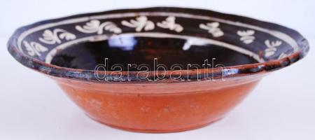 Népművészeti, festett, mázas, kerámia tál / 
Folkloristic painted glazed ceramic bowl, d: 30cm