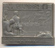 Osztrák-Magyar Monarchia ~1916. "XII. Hadtest" ezüstözött cink sapkajelvény (30x37mm) készítő: "Nach Entwurf v. H. Krippel Ausgef.Atel.Gurschner Wien VII/2"; tű nélkül T:2 Austro-Hungarian Monarchy ~1916. "XII. KORPS - LEMBERG-CHYROW-PILICA-BUG-SZCZARA-JANKOW-PRUSIECKO - IWANGOROD - BARANOWICZY" silvered zinc cap badge (30x37mm) maker: "Nach Entwurf v. H. Krippel Aus...Atel.Gurschner Wien VII/2", without pin C:XF